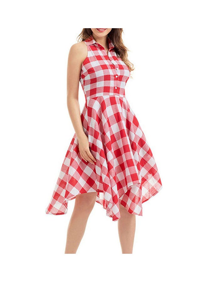 Fashion Summer Lady Plaid Print Button Down Slim Sleeveless Irregular Midi Dress Blue - Image 5