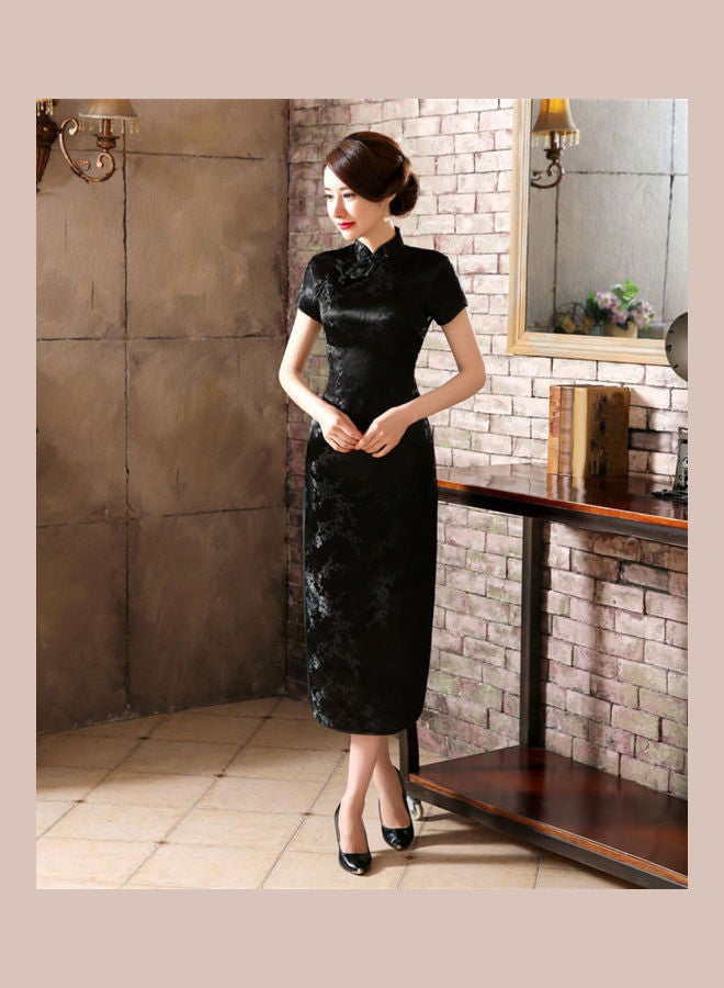 Short Sleeve Long Cheongsam Black 1 - Image 2