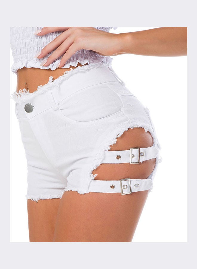 Solid High Waist Denim Shorts White - Image 2