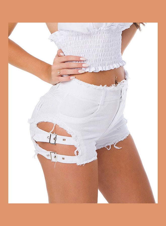 Solid High Waist Denim Shorts White - Image 5