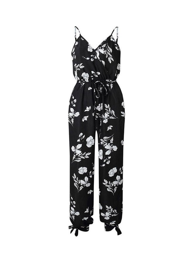 جمبسوت بحمالات رفيعة وطبعة زهور وأوراق شجر أسود/ أبيض