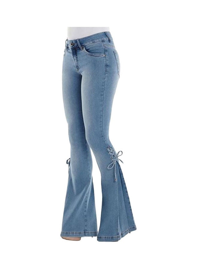 Vintage Flare  Lace Up Bow Skinny Wide Leg Denim Jeans Light Blue - Image 1