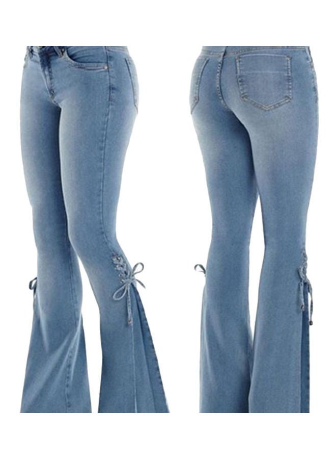 Vintage Flare  Lace Up Bow Skinny Wide Leg Denim Jeans Light Blue - Image 2