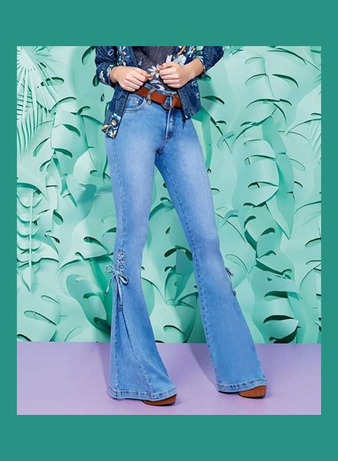 Vintage Flare  Lace Up Bow Skinny Wide Leg Denim Jeans Light Blue - Image 3
