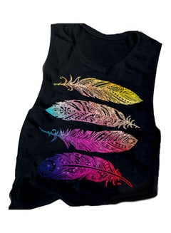 Fashion Summer Feather Printed Round Neck Tank Top Black