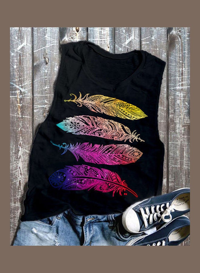 Generic - Fashion Summer Feather Printed Round Neck Tank Top Black - Image 1