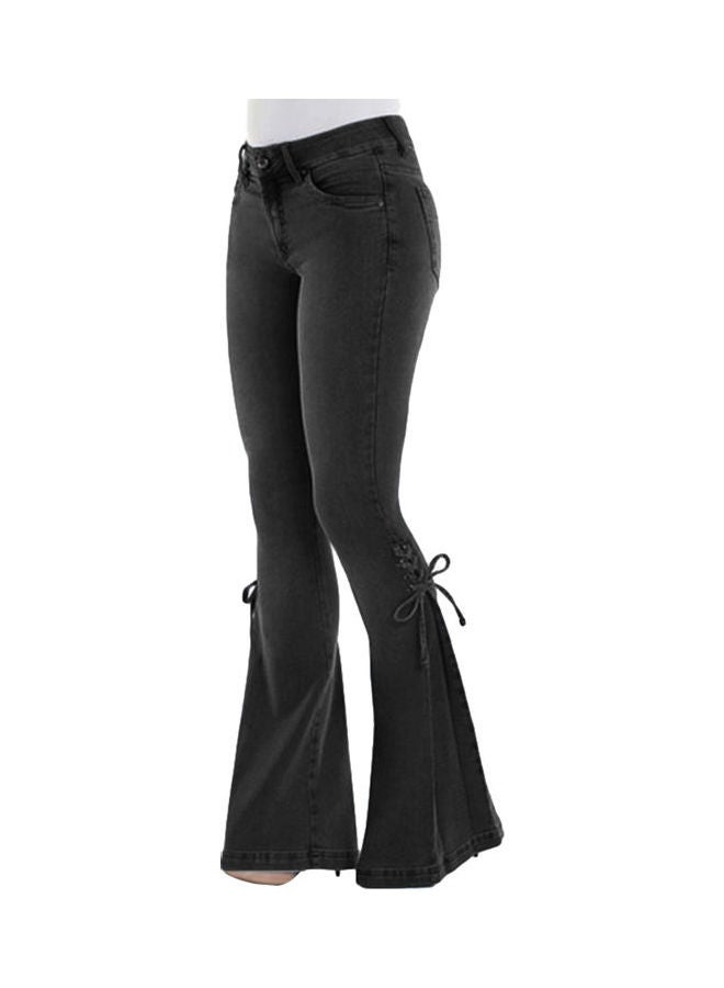 Vintage Flare  Lace Up Bow Skinny Wide Leg Denim Jeans Black - Image 1