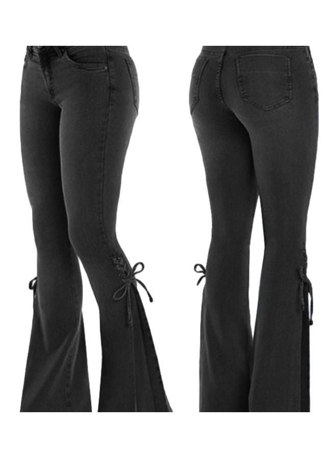 Vintage Flare  Lace Up Bow Skinny Wide Leg Denim Jeans Black - Image 2