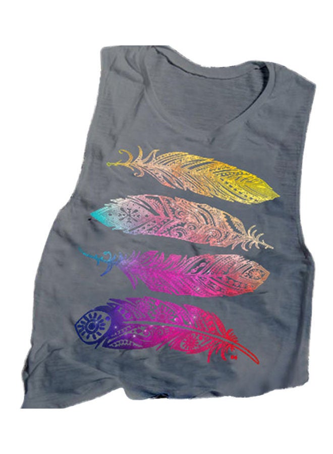 Fashion Summer Feather Printed Round Neck Tank Top Grey