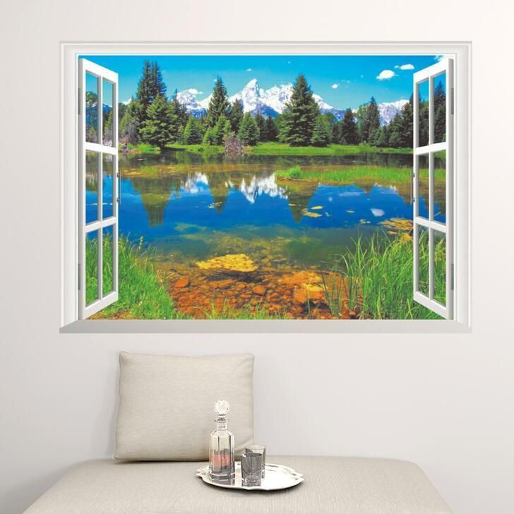 Fast Print - 3d Fake Window Lake Forest TV Background Wall Decorative Wallpaper Multicolour 70x50cm - Image 1