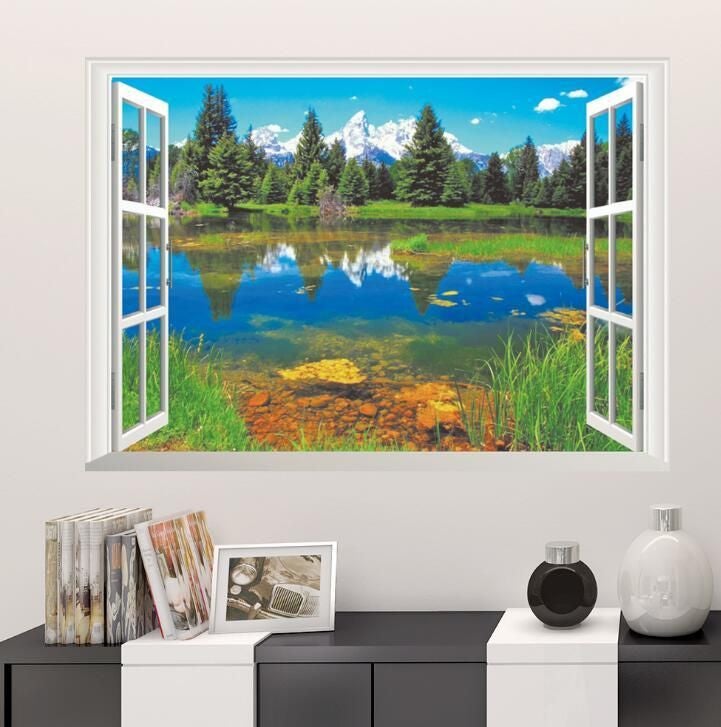 Fast Print - 3d Fake Window Lake Forest TV Background Wall Decorative Wallpaper Multicolour 70x50cm - Image 1