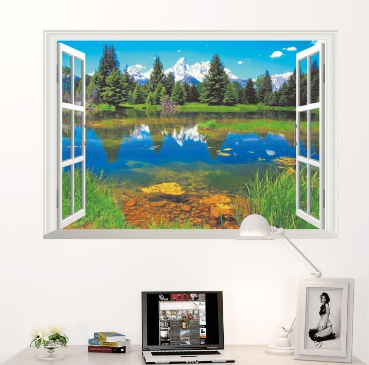 Fast Print - 3d Fake Window Lake Forest TV Background Wall Decorative Wallpaper Multicolour 70x50cm - Image 1