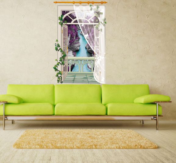 Fast Print - 3D wallpaper landscape fake window lavender creek living room porch light candle Wall Sticker Multicolour 90x60cm - Image 1