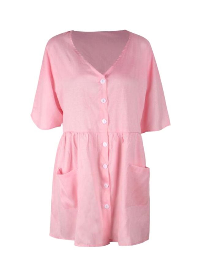 شاربدو فستان قصير بأكمام قصيرة وجيبين جانبيين وفتحة عنق على شكل حرف V وردي - Image 1