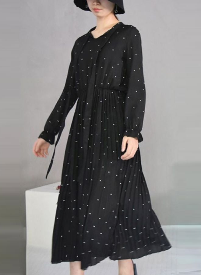 شاربدو فستان فضفاض كاجوال وعصري مزود بعقدة فيونكة ومزين بنمط منقط أسود - Image 4