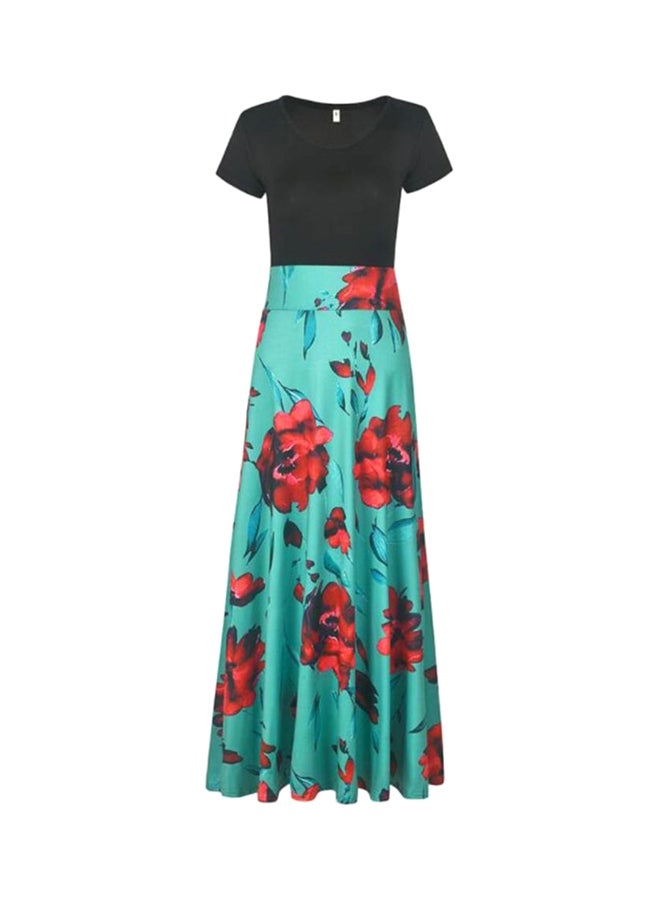 Sharpdo Flower Printed Short Sleeve Maxi Dress Green/Black/Red  - Image 1