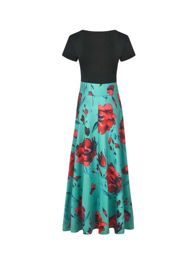 Sharpdo Flower Printed Short Sleeve Maxi Dress Green/Black/Red  - Image 2