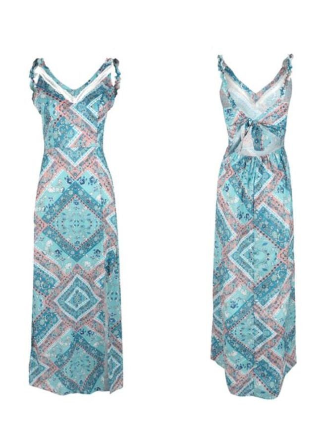 شاربدو فستان شاطئ بدون أكمام بحمالات للكتف مزين بطبعة أزرق/ برتقالي - Image 5