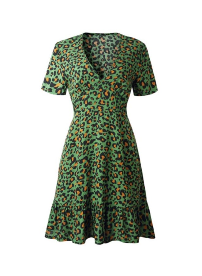 Sharpdo V-Neck Leopard Print Mini Dress Green/Black/Yellow  - Image 1