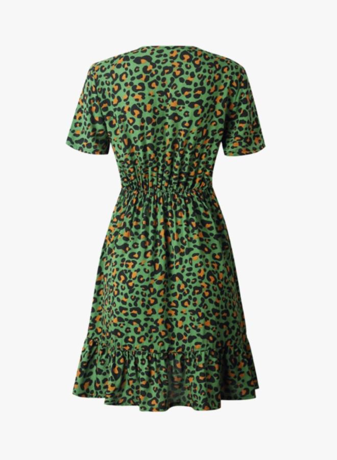 Sharpdo V-Neck Leopard Print Mini Dress Green/Black/Yellow  - Image 2