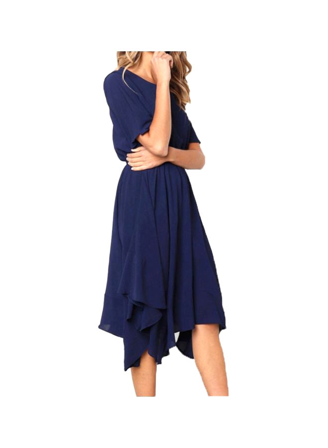 Sharpdo - Round Neck Short Sleeve Irregular Dress Navy Blue - Image 1