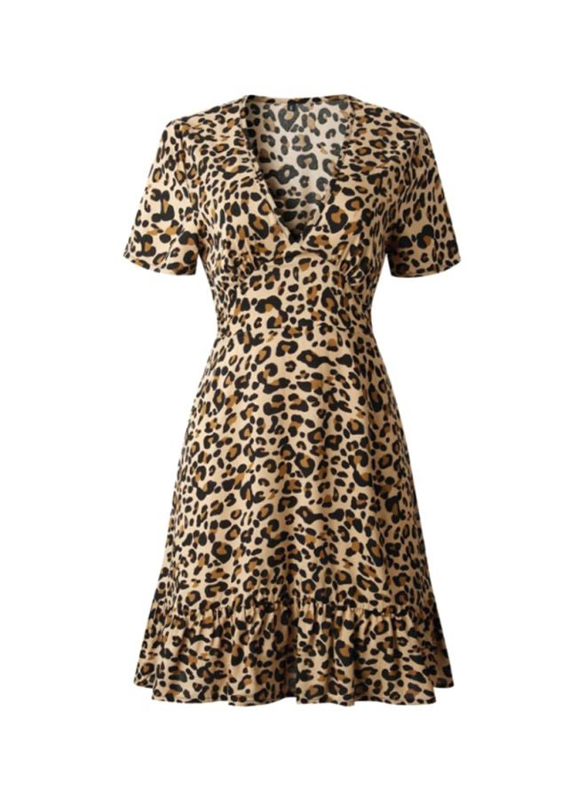 Sharpdo - V-Neck Leopard Print Mini Dress Beige/Brown/Black - Image 1