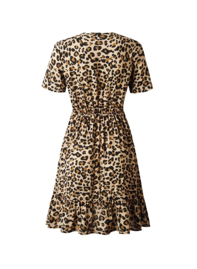 Sharpdo - V-Neck Leopard Print Mini Dress Beige/Brown/Black - Image 1