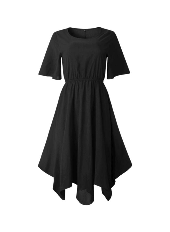 Round Neck Short Sleeve Irregular Dress Black