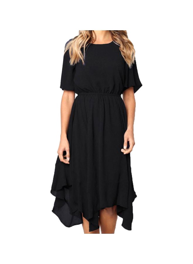 Round Neck Short Sleeve Irregular Dress Black
