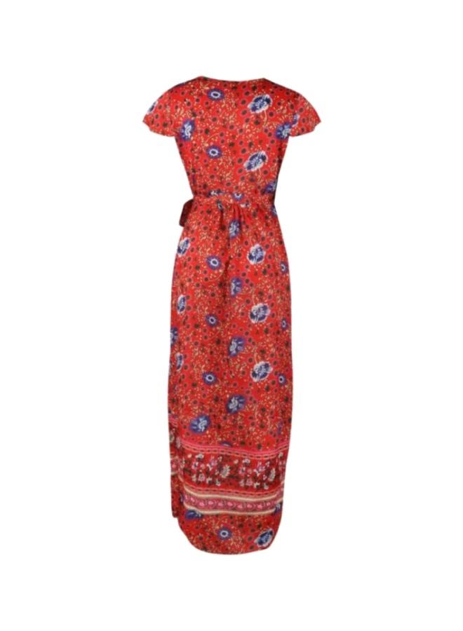 شاربدو فستان بأكمام قصيرة وبرقبة على شكل حرف V ومزين بطبعة أحمر/أزرق - Image 2