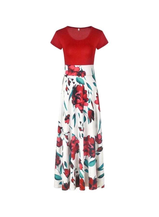 شاربدو فستان طويل بأكمام قصيرة بنقشة زهور أخضر/ أبيض/ أحمر - Image 1