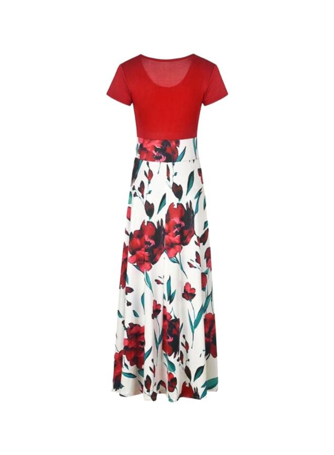 شاربدو فستان طويل بأكمام قصيرة بنقشة زهور أخضر/ أبيض/ أحمر - Image 2