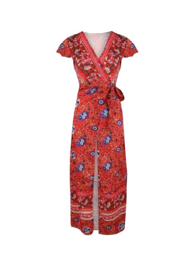 شاربدو فستان بأكمام قصيرة وبرقبة على شكل حرف V ومزين بطبعة أحمر/أزرق - Image 1