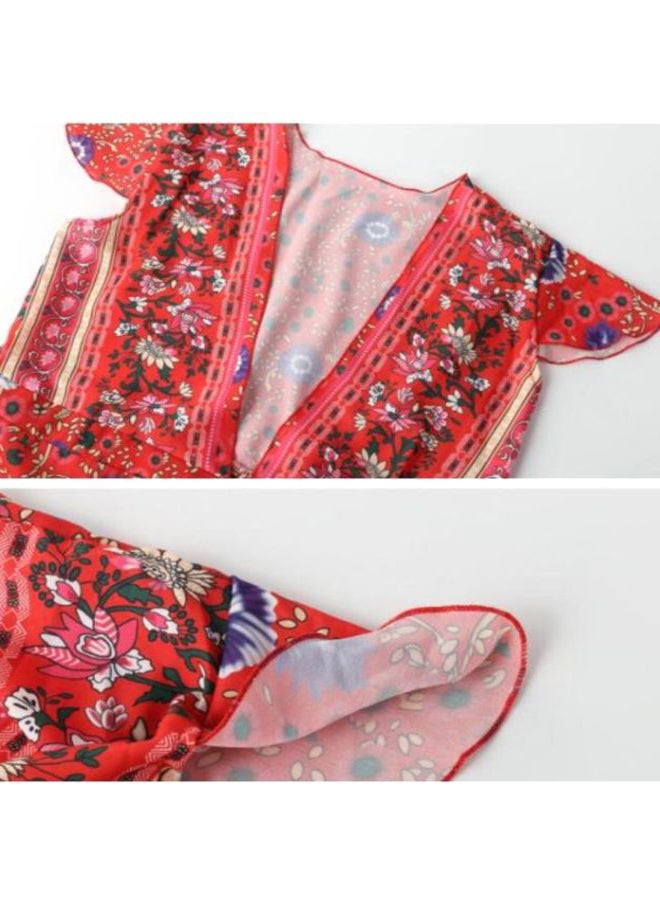 شاربدو فستان بأكمام قصيرة وبرقبة على شكل حرف V ومزين بطبعة أحمر/أزرق - Image 3