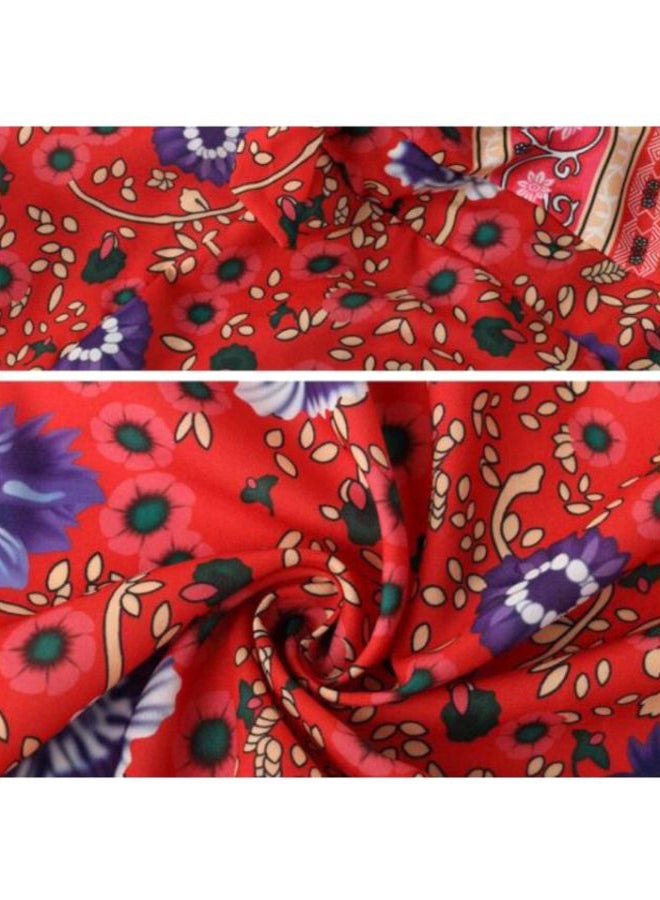 شاربدو فستان بأكمام قصيرة وبرقبة على شكل حرف V ومزين بطبعة أحمر/أزرق - Image 5