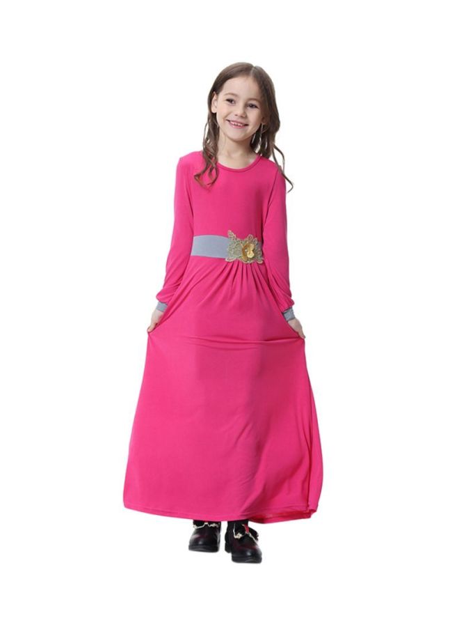 شاربدو فستان طويل برقبة مستديرة وأكمام طويلة وردي/رمادي - Image 1