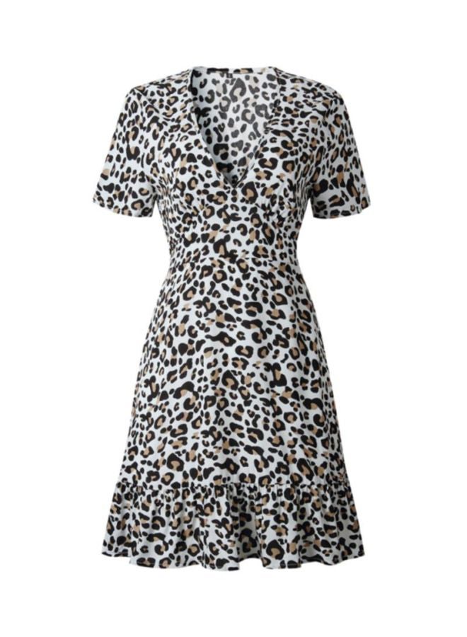 Sharpdo V-Neck Leopard Print Mini Dress White/Black/Brown  - Image 1