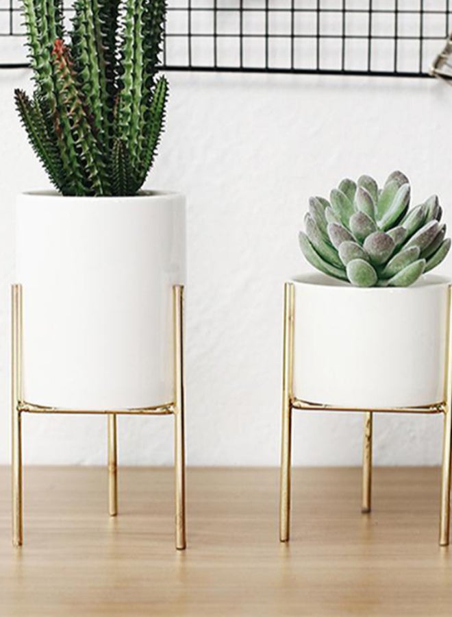 شاربدو وعاء للزراعة المائية مصنوع من السيراميك ومزود بحامل على شكل زهرة أبيض/ذهبي - Image 2