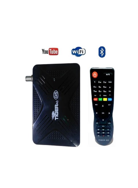 جهاز استقبال أقمار صناعية بتصميم صغير وبدقة عالية الوضوح مزود بجهاز تحكم عن بعد يعمل بالبلوتوث مع دونجل مجاني بخاصية الواي فاي Tiger Q5-Black-1 أسود