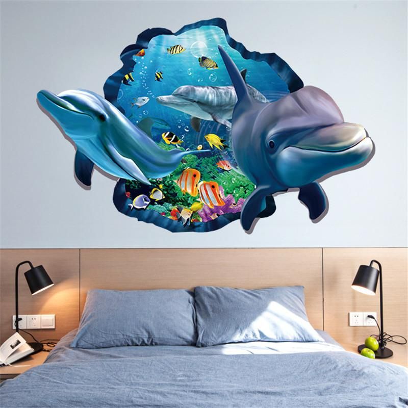 Cartoon 3D Dolphin Living Room Decorative Wall Sticker Multicolor 90x60cm