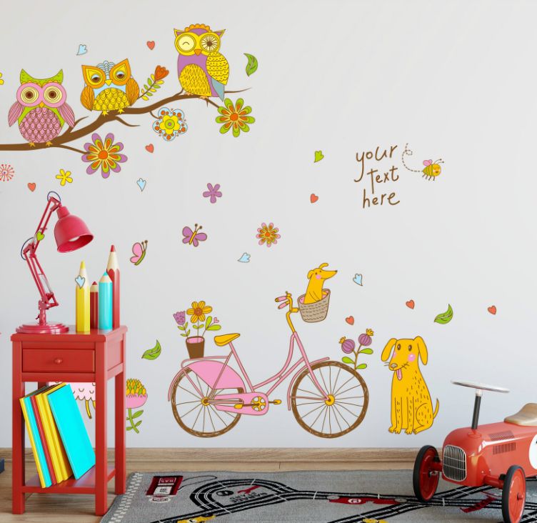 فاست برينت ملصق فني جداري قابل للفصل بتصميم رسومات كرتونية لفروع شجر ودراجة وزهور وخروف وكلب وبومة متعدد الألوان 90x60سم - Image 3