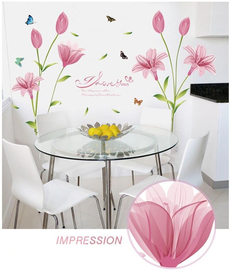 Fast Print Romantic Pink Lilies Removable Wall Paper For Home Decor Waterproof For Living Room Baby Kids Girls Bedroom Decorative DIY Sticker Multicolour 90x60cm  - Image 3