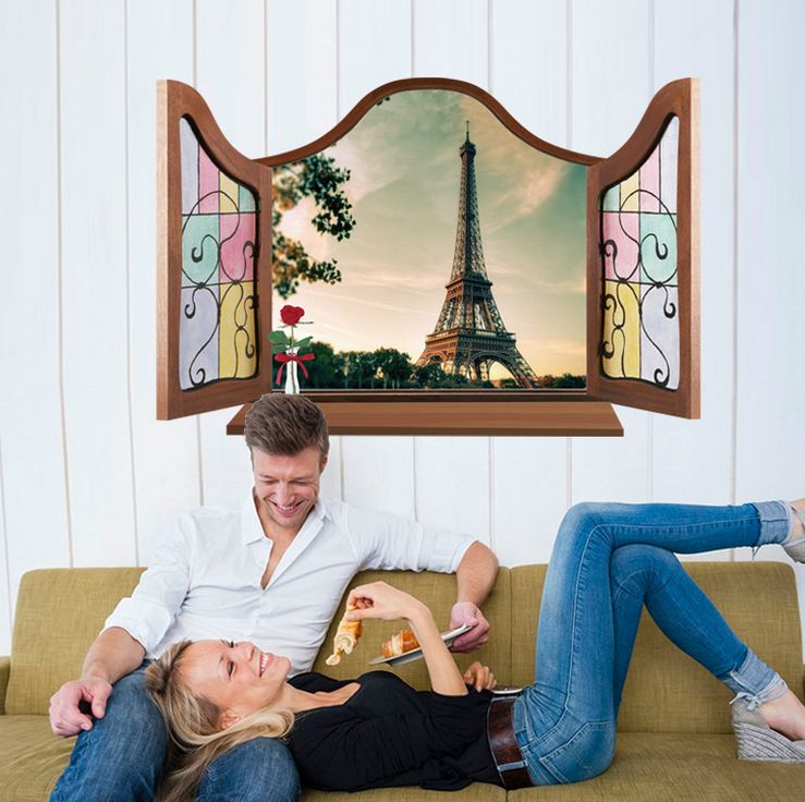 Fast Print Removable Eiffel Towe 3D Window Scenery Wall Sticker Multicolour 70x50cm - Image 2