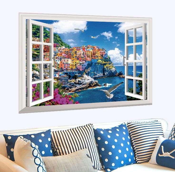 فاست برينت ملصق جداري بتصميم نافذة وهمية تطل على البحر المتوسط يصلح كخلفية لتزيين غرفة النوم متعدد الألوان 90x60سم - Image 2