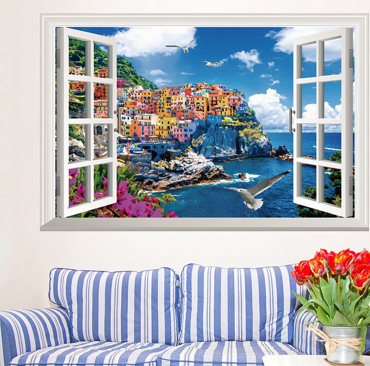 فاست برينت ملصق جداري بتصميم نافذة وهمية تطل على البحر المتوسط يصلح كخلفية لتزيين غرفة النوم متعدد الألوان 90x60سم - Image 3