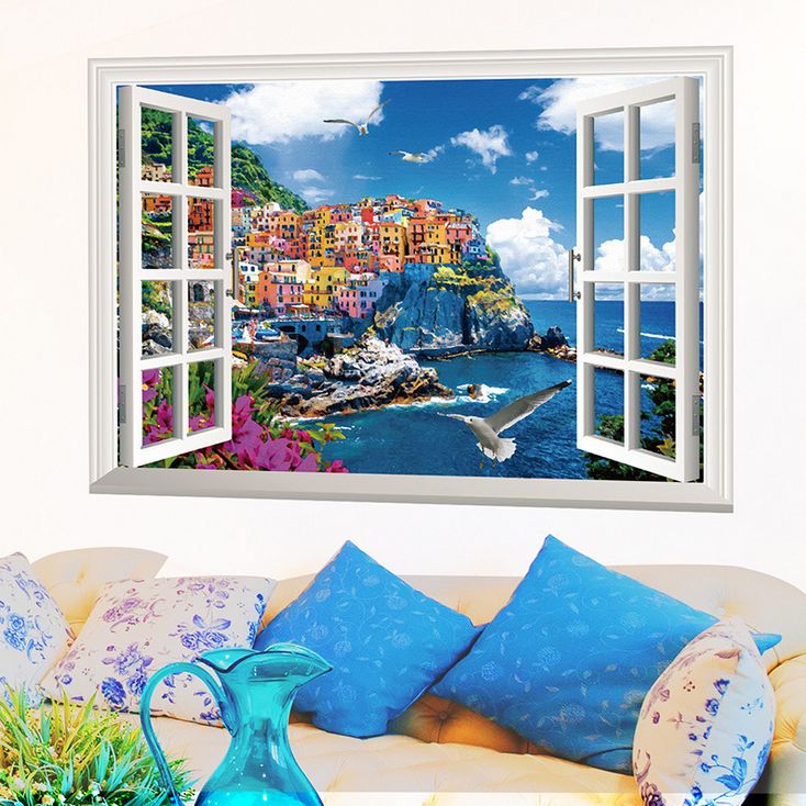 فاست برينت ملصق جداري بتصميم نافذة وهمية تطل على البحر المتوسط يصلح كخلفية لتزيين غرفة النوم متعدد الألوان 90x60سم - Image 4
