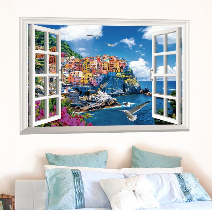 فاست برينت ملصق جداري بتصميم نافذة وهمية تطل على البحر المتوسط يصلح كخلفية لتزيين غرفة النوم متعدد الألوان 90x60سم - Image 5