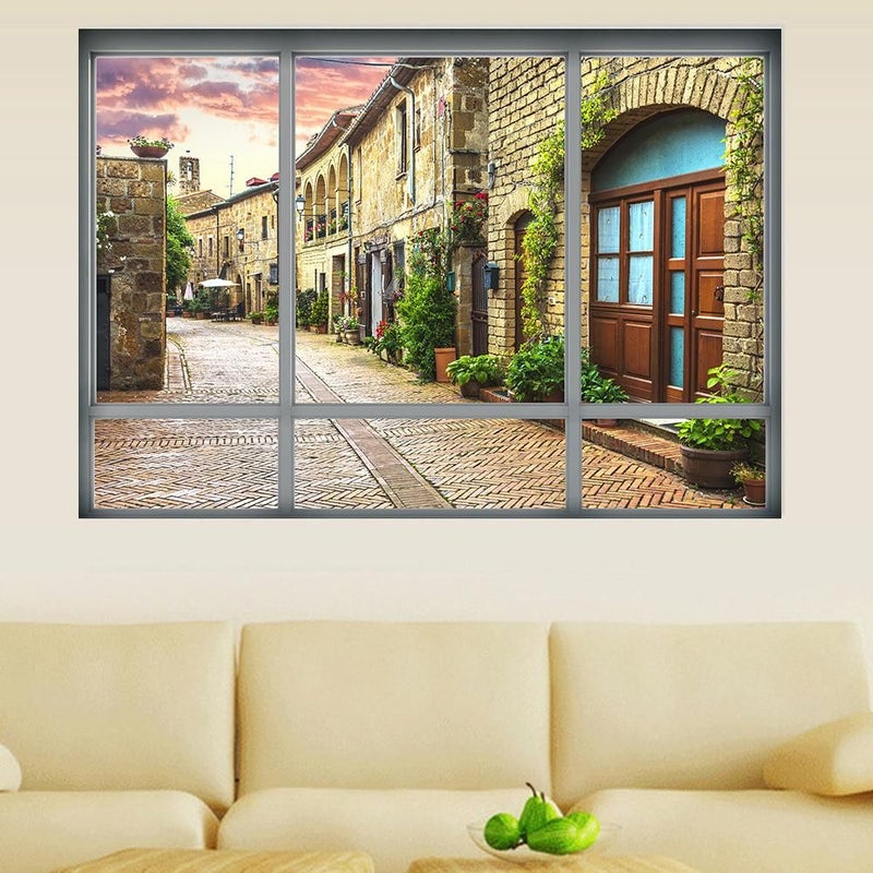 3D Fake Window Sticker Italian City Street Multicolour 68x48.5cm