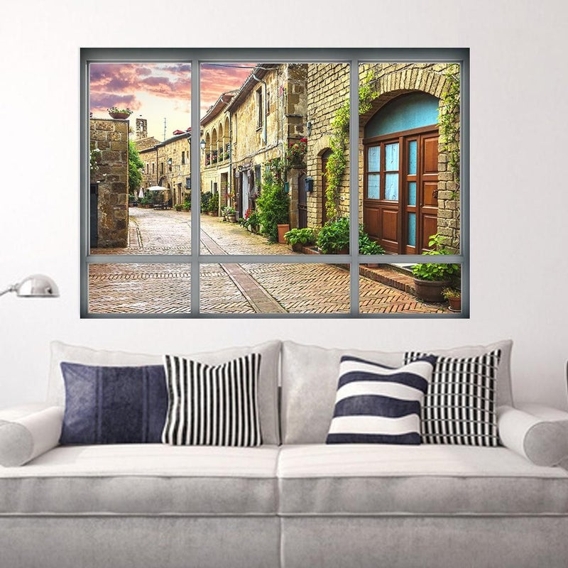 3D Fake Window Sticker Italian City Street Multicolour 68x48.5cm