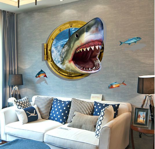 فاست برينت ملصق جداري ثلاثي الأبعاد لتزيين حائط غرفة الأطفال بتصميم عالم تحت سطح البحر وغواصة وقرش متعدد الألوان 90x60سم - Image 3
